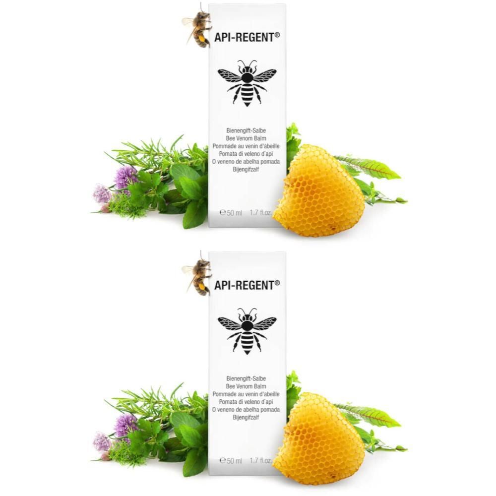 Deux tubes de baume au venin d'abeille Api-Regent avec motif d'abeille, herbes et nid d'abeille.