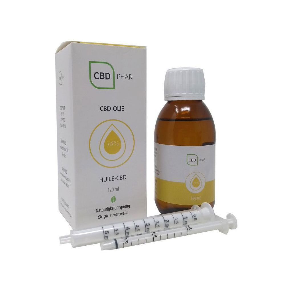 Flacon d'huile CBD CBD-Phar 10% (120 ml) avec boîte et deux seringues doseuses.