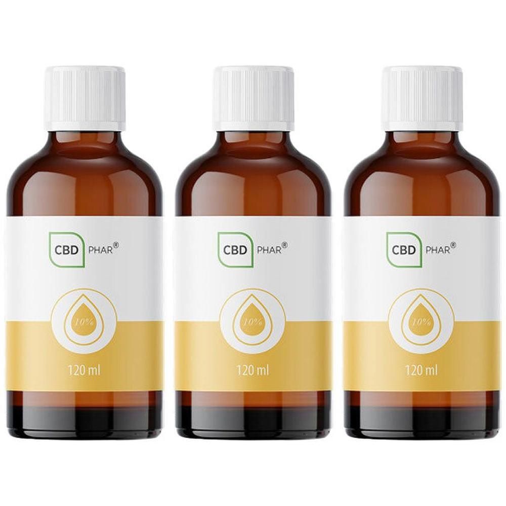 Drie bruine glazen flesjes met witte dop, etiket toont 'CBD PHAR' en '120 ml'.