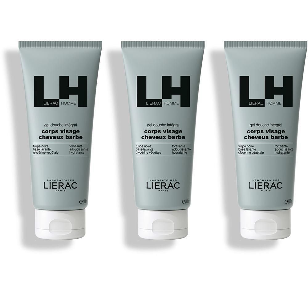 Drie Lierac Homme douchegel tubes met LH-logo en productinformatie.