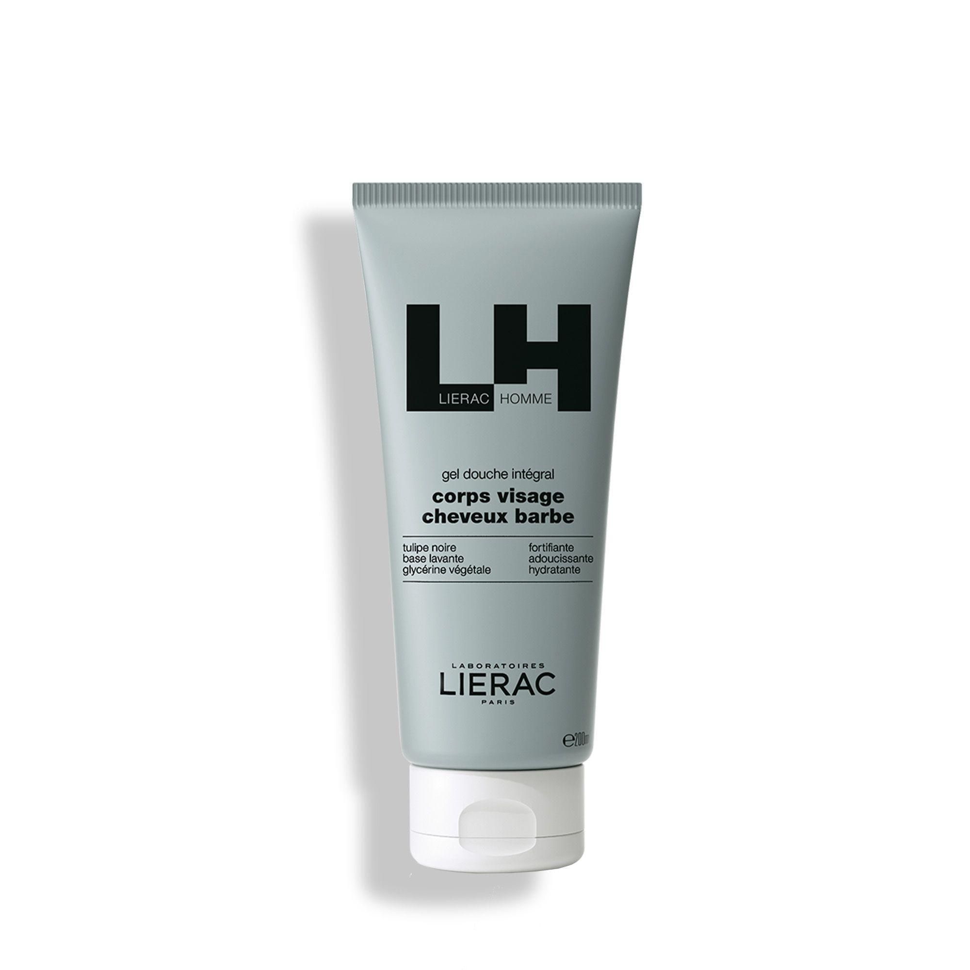 Lierac Homme Integral Douchegel voor lichaam, gezicht, haar en baard in een grijze tube met witte dop.
