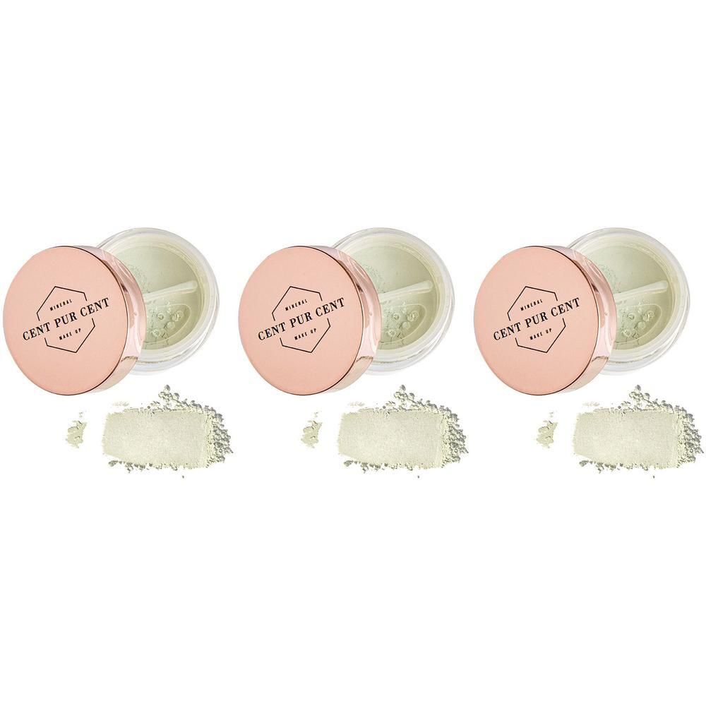Drie potjes losse minerale concealer in lichtgroen met roségouden deksels en productmonsters.