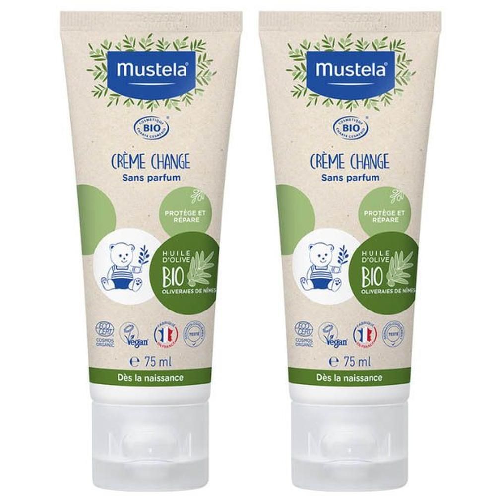 Twee tubes Mustela BIO Crème Change, zonder parfum, 75 ml.