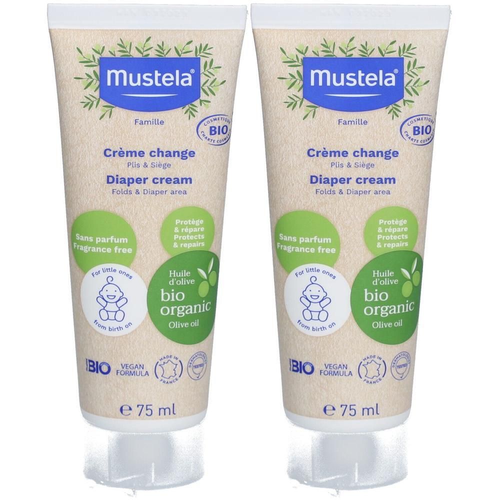 Twee tubes Mustela Bio luiercrème, elk 75 ml. Met biologische olijfolie, parfumvrij, vegan.