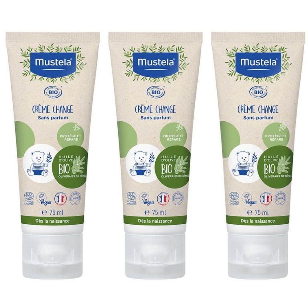 Trois tubes de Mustela BIO Crème Change, 75ml.