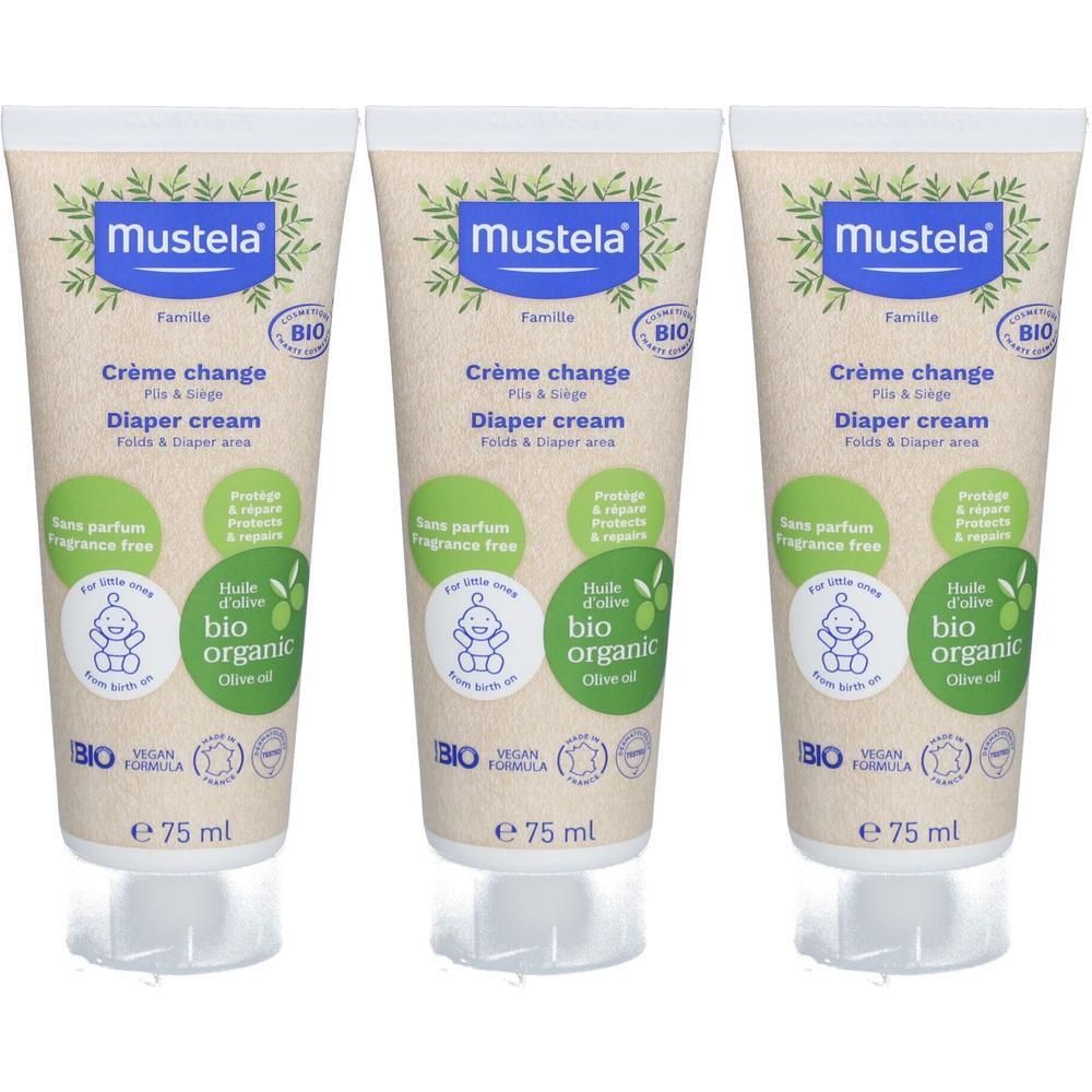 Drie tubes Mustela Bio luiercrème, 75 ml. Geurvrij, met biologische olijfolie.