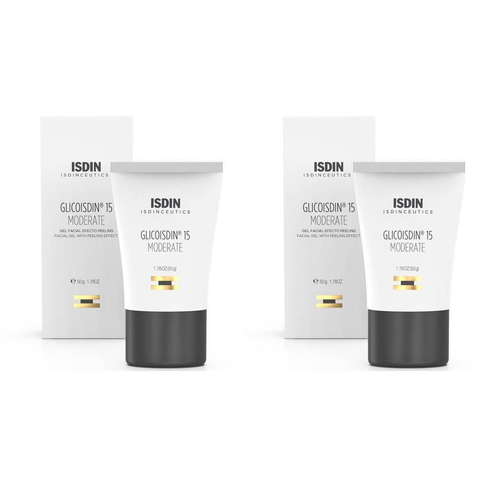 Deux tubes de ISDIN Glicoisdin 15 Moderate avec leurs boîtes.