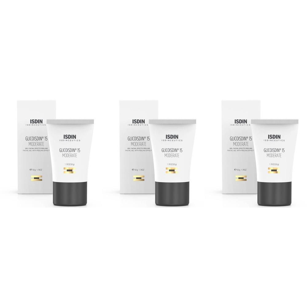 Drie tubes ISDIN Isdinceutics Glicoisdin 15% Moderate met verpakking.