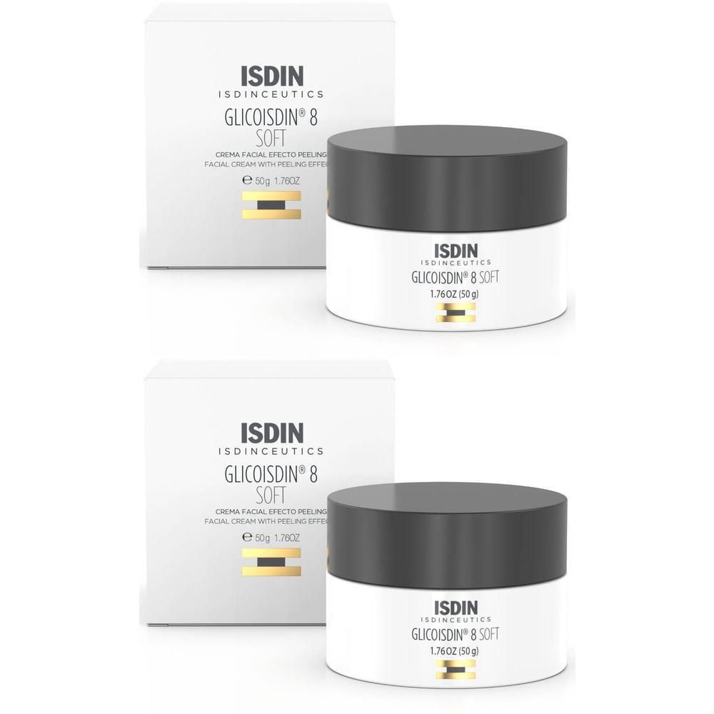 Deux pots de crème ISDIN Glicoisdin 8 Soft avec emballage. Pots de 50g avec couvercle noir.