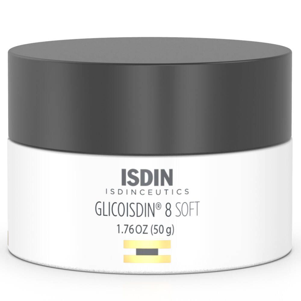 Pot de crème ISDIN Glicoisdin 8 Soft. Pot de 50g avec couvercle noir et informations produit.