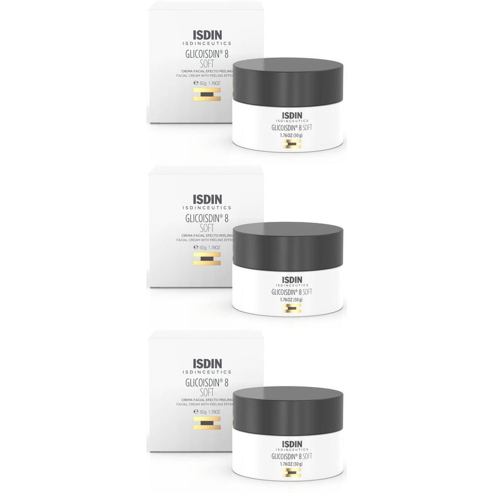 Trois pots de crème ISDINCEUTICS Glicoisdin 8 Soft avec emballage.