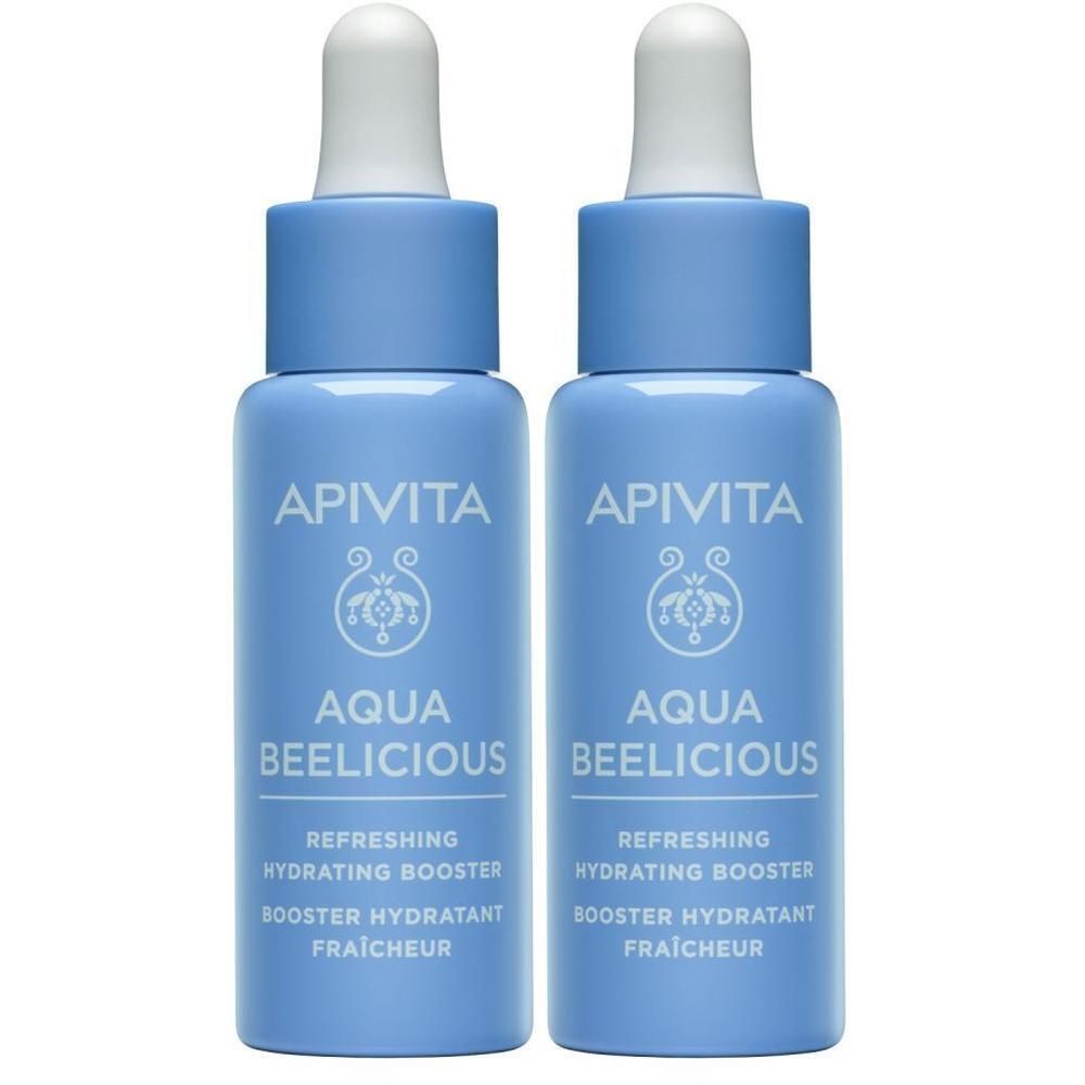 Twee blauwe flacons van de Apivita Aqua Beelicious Hydrating Booster, met druppeldop.