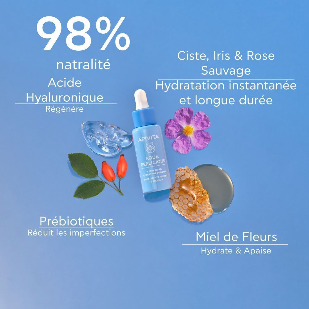 Apivita Aqua Beelicious Booster avec acide hyaluronique, prébiotiques, miel et extraits de fleurs.