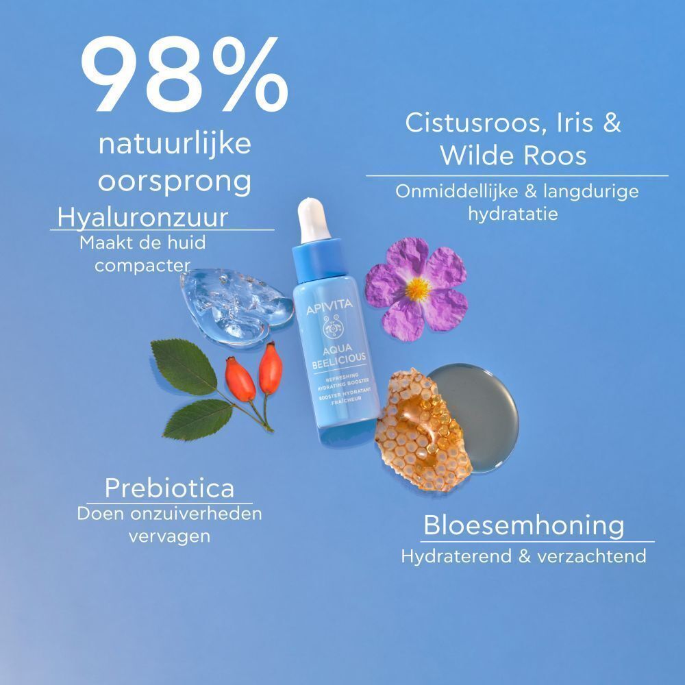 Apivita Aqua Beelicious Booster met hyaluronzuur, prebiotica, honing en bloemenextracten.
