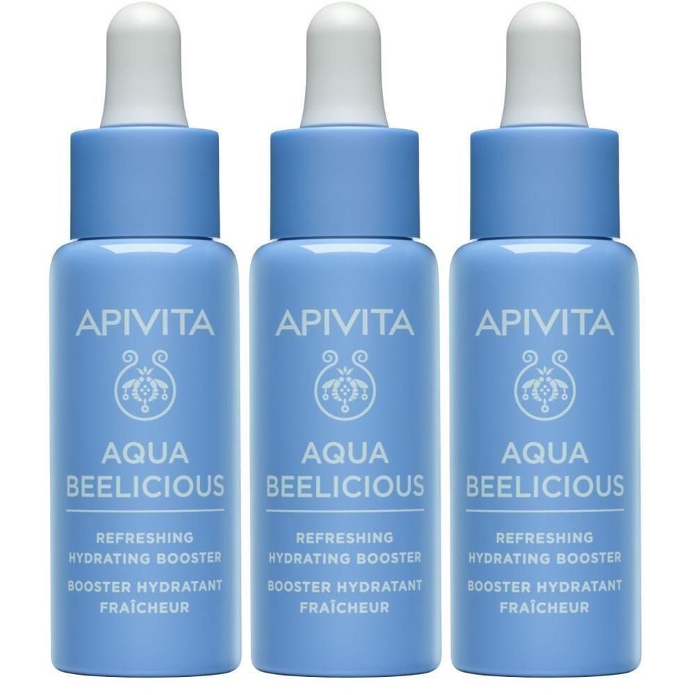 Drie blauwe flesjes met druppelaar, Apivita Aqua Beelicious.