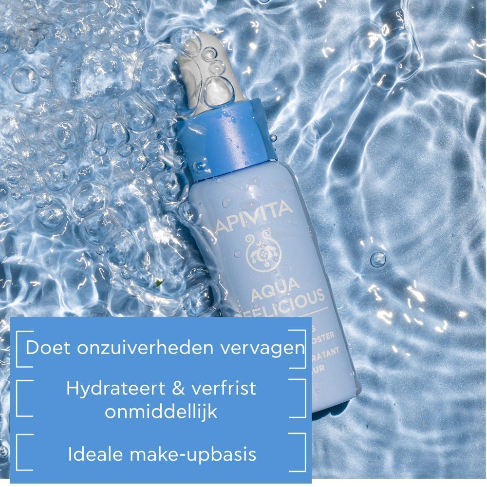 Een blauw flesje met druppelaar in bruisend water, Apivita Aqua Beelicious.