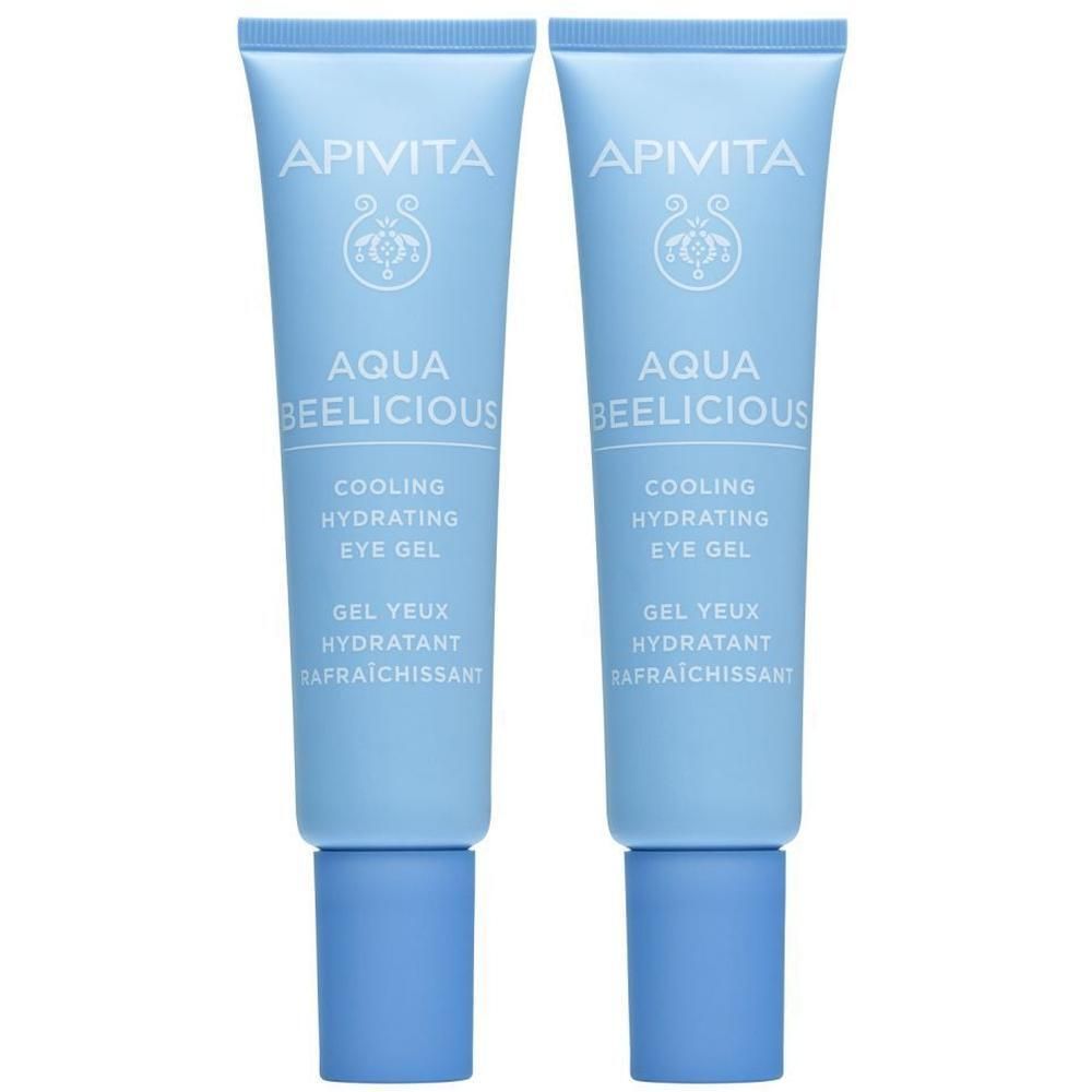 Twee lichtblauwe tubes Apivita Aqua Beelicious Cooling Hydrating Eye Gel.