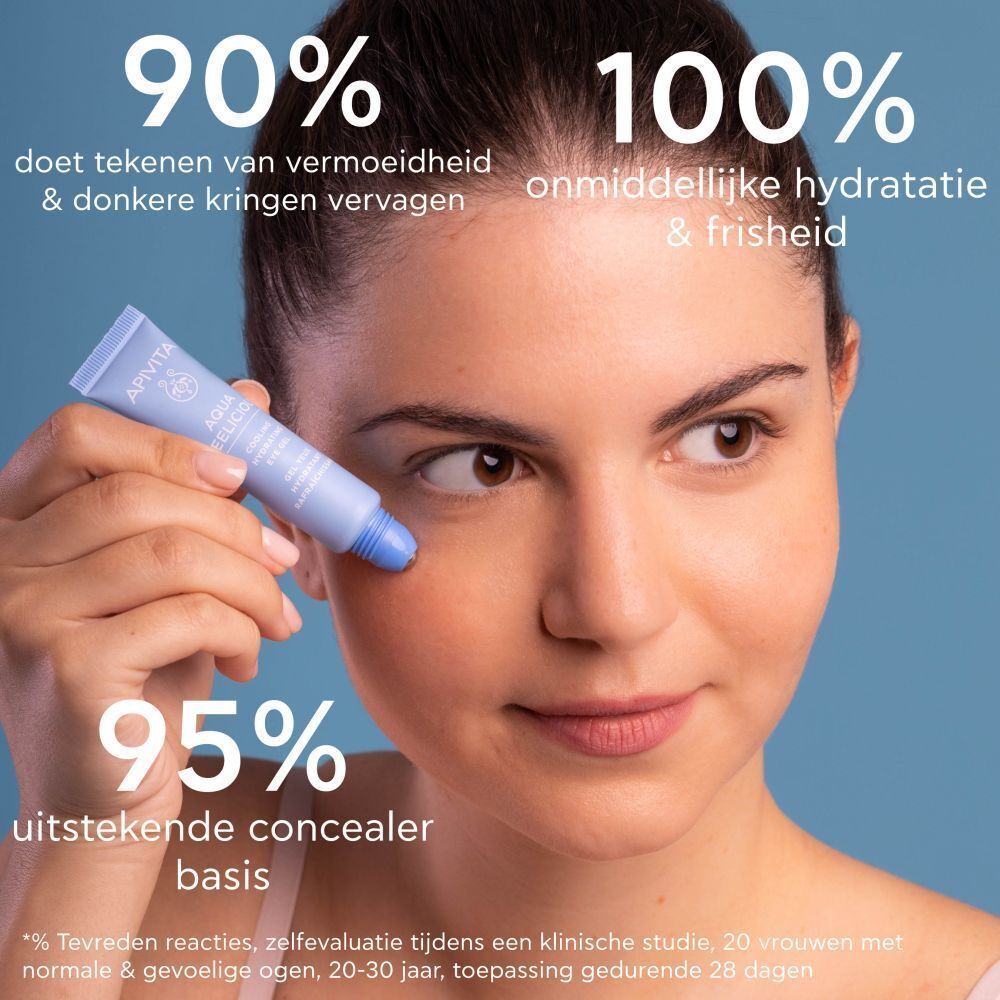 Apivita Aqua Beelicious Gel Yeux naast een groene afvalbak. 50% gerecycled.