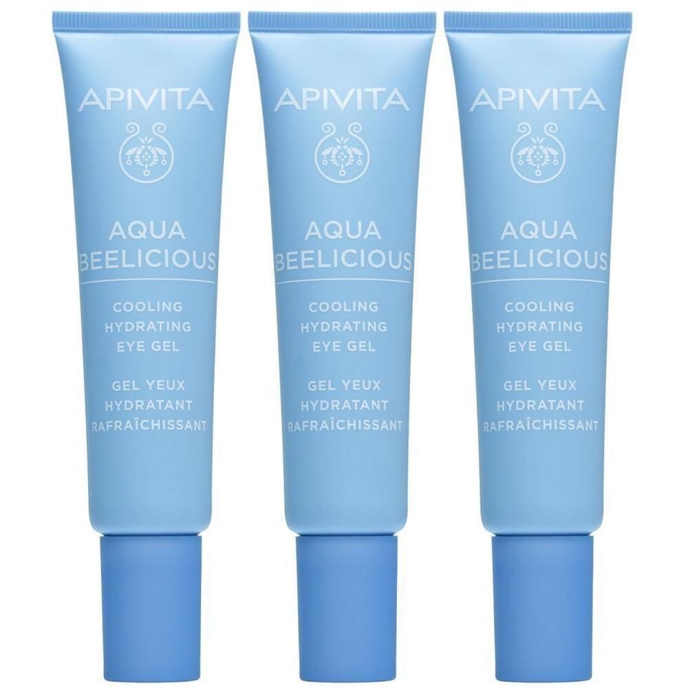 Trois tubes de Gel Yeux Hydratant Rafraîchissant Apivita Aqua Beelicious bleu clair.