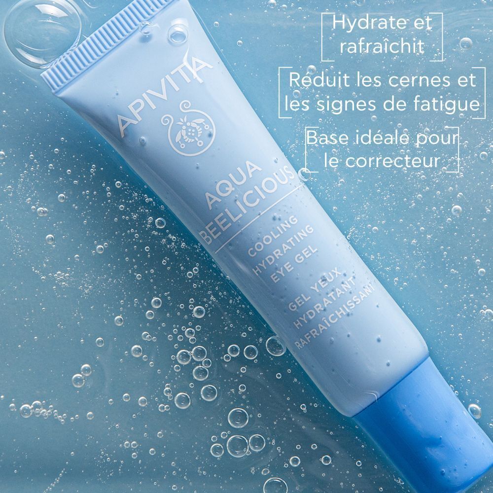 Tube de Gel Yeux Hydratant Rafraîchissant Apivita Aqua Beelicious avec bulles d'eau et texte.