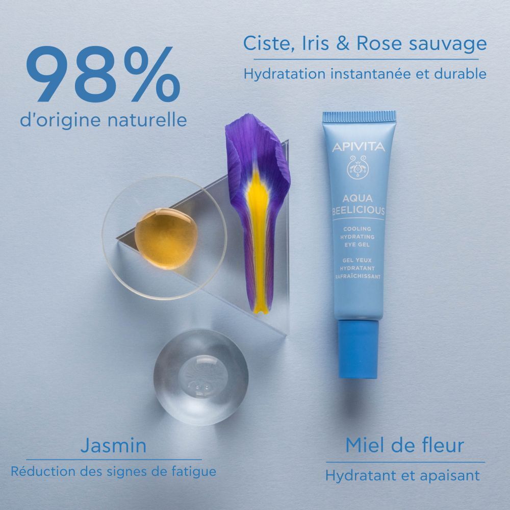 Gel Yeux Apivita Aqua Beelicious avec extraits d'iris, de rose et de jasmin.