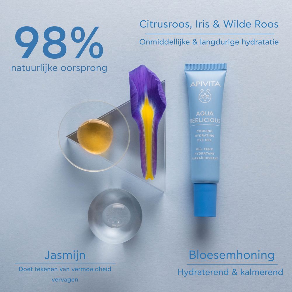 Apivita Aqua Beelicious Ooggel met citrusroos, iris en wilde rozenextracten.