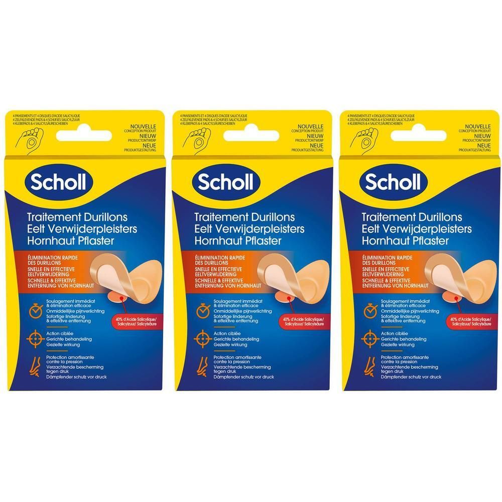 Scholl Traitement Durillons Verpakking van drie likdoornpleisters. Toont een pleister op een teen.