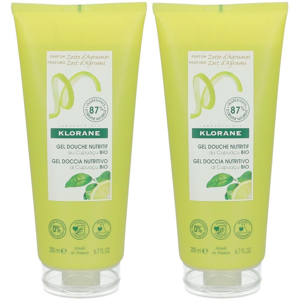 Deux gels douche Klorane au Cupuaçu BIO et zeste d'agrumes. Flacons de 200ml.