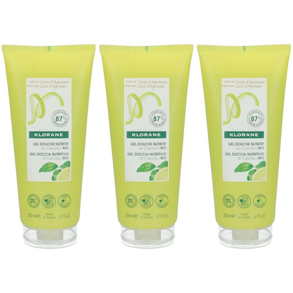 Trois tubes de gel douche Klorane au Cupuaçu BIO et zeste d'agrumes. Emballage jaune vif avec des accents verts.