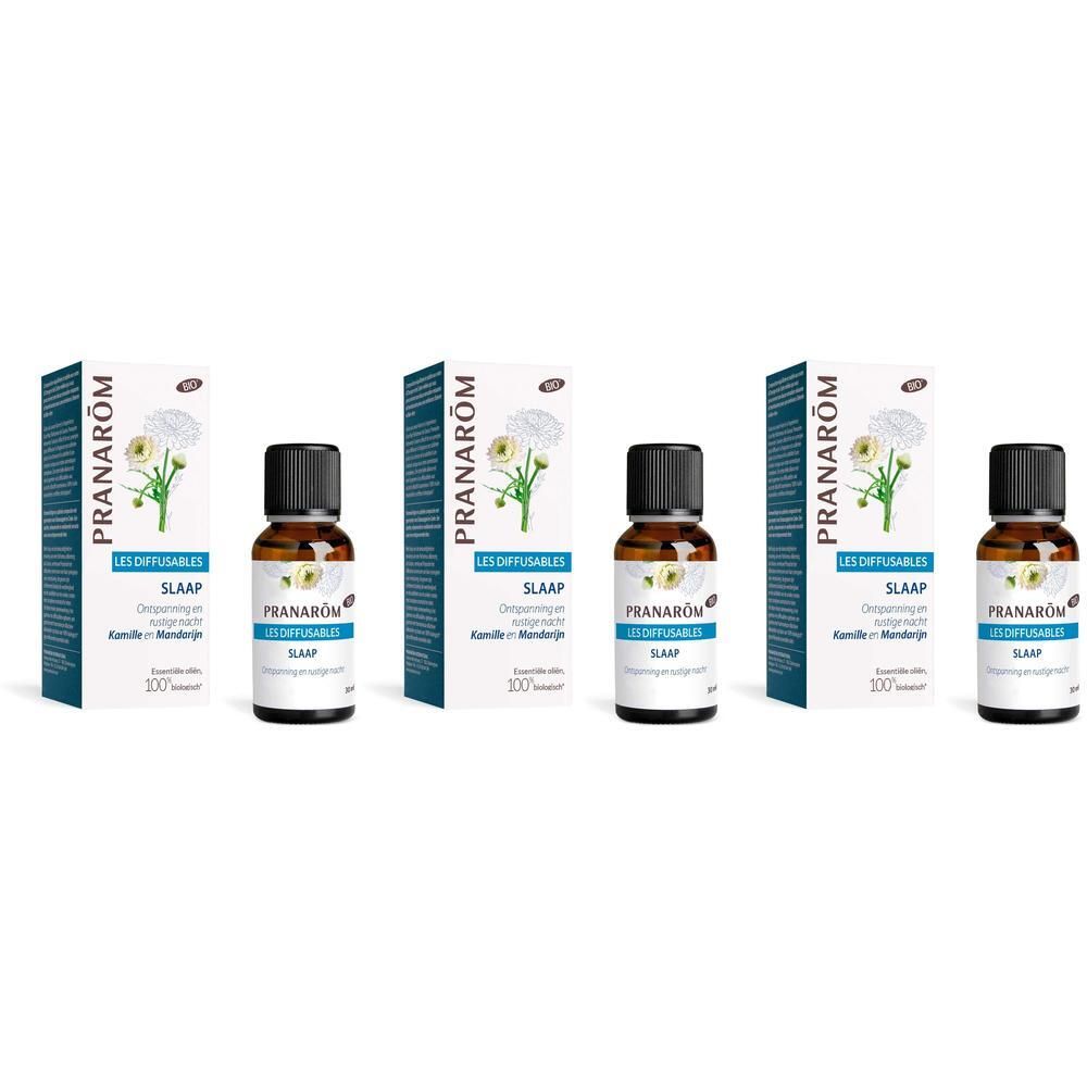 Drie flesjes Pranarôm Les Diffusables Sommeil Bio slaapformule, elk met doosje.