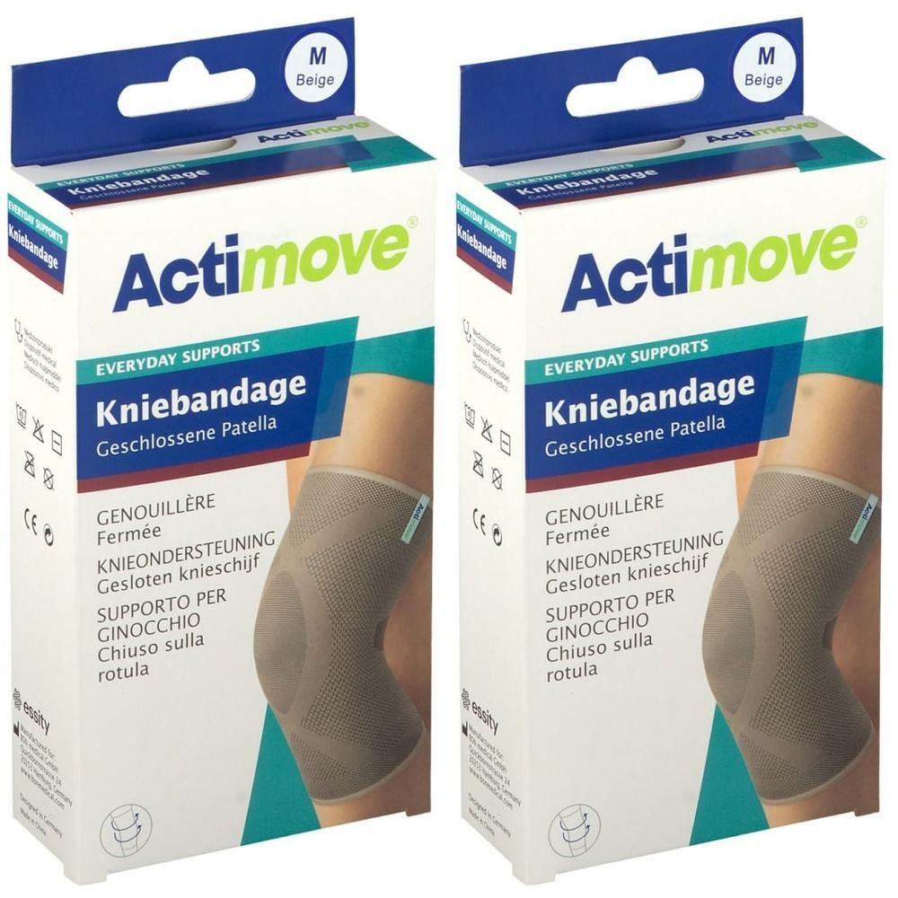 Twee verpakkingen Actimove kniebandages. Beige, maat M. Opschrift: Kniebandage, Everyday Supports, Geschlossene Patella. Meertalige productbeschrijvingen.