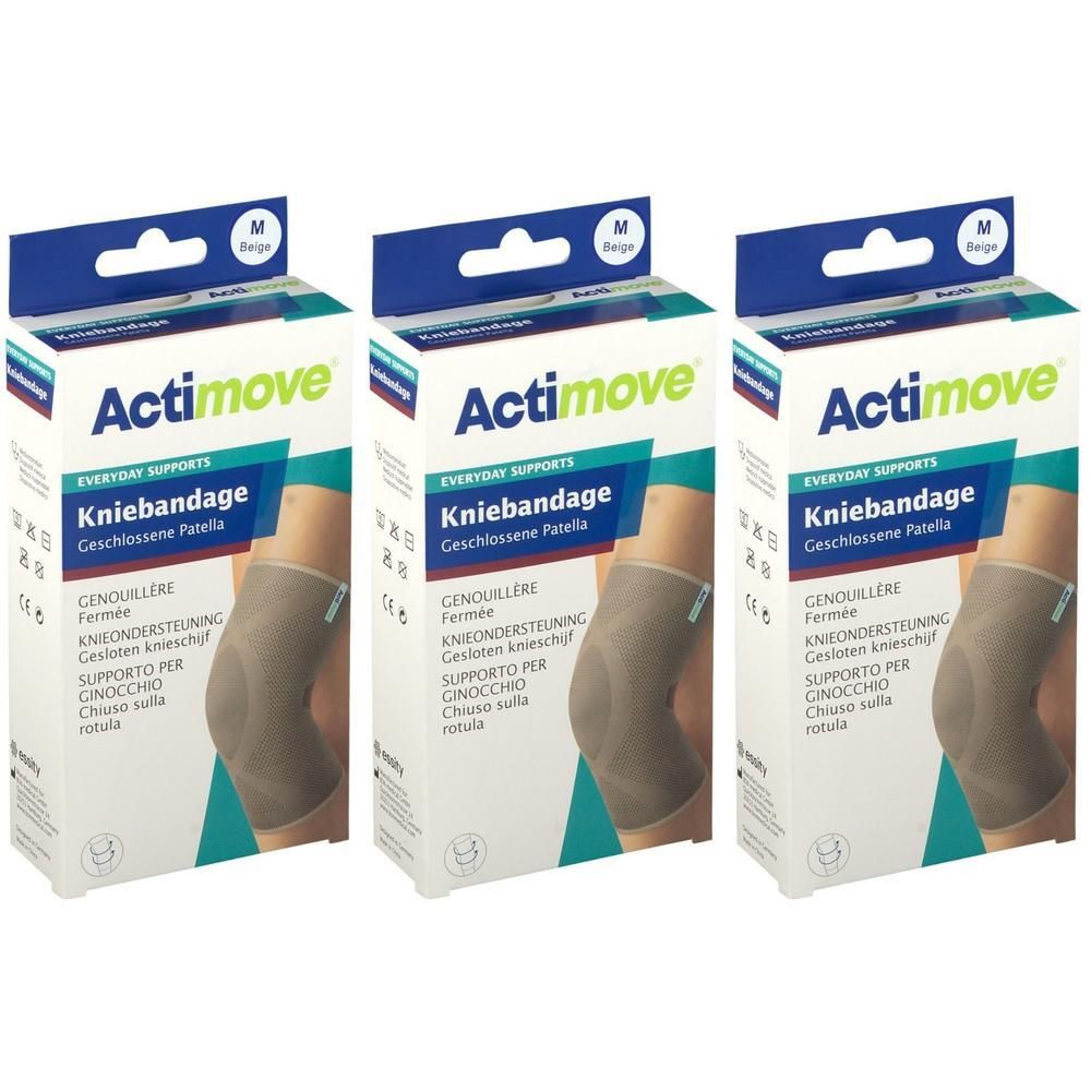 Trois boîtes de genouillères Actimove. Chaque boîte indique : Kniebandage, Everyday Supports, taille M. Design beige et bleu.