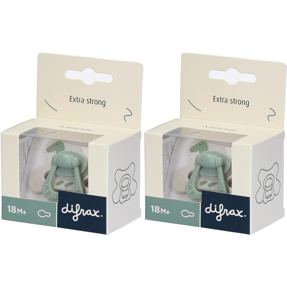 Twee Difrax fopspenen lichtgroen, 18M+, "Extra strong" opdruk.