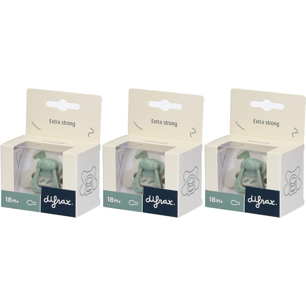 Drie Difrax spenen in "Extra Strong" verpakking, mintgroen, vanaf 18 maanden.