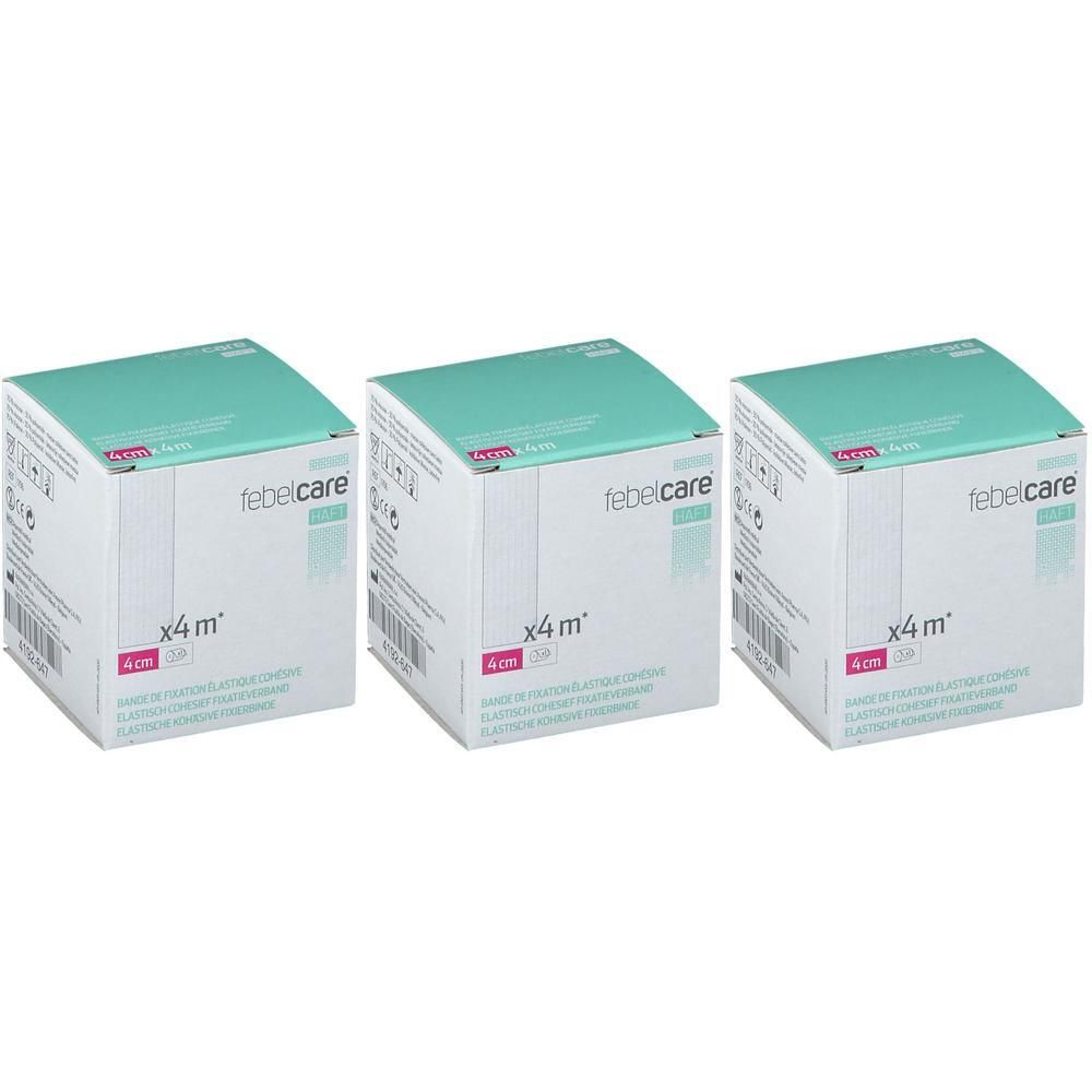 Trois paquets de bande de fixation élastique Febelcare, 4cm x 4m.