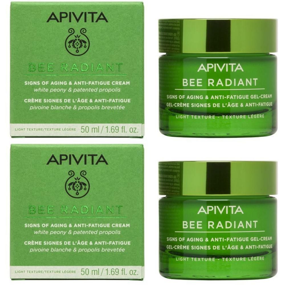 Deux pots et boîtes Apivita Bee Radiant à texture légère.