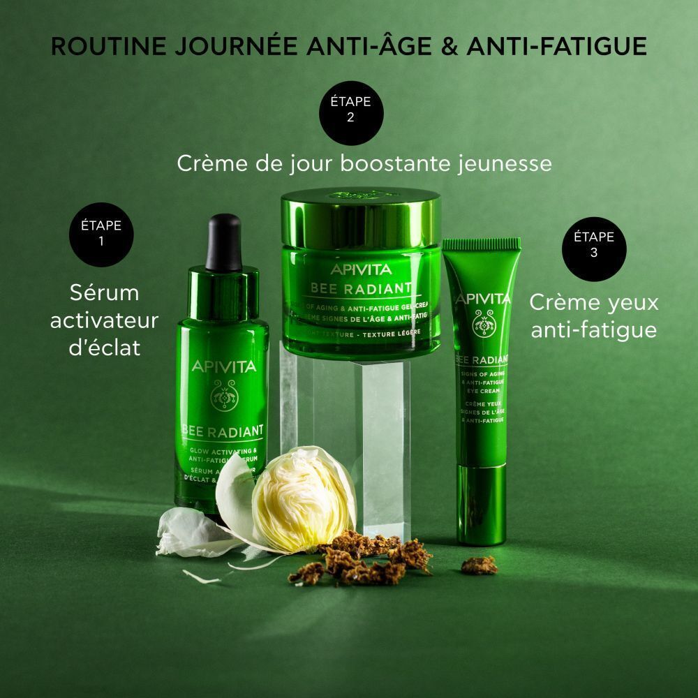 Routine de jour Apivita Bee Radiant : sérum activateur, gel-crème, crème contour des yeux.