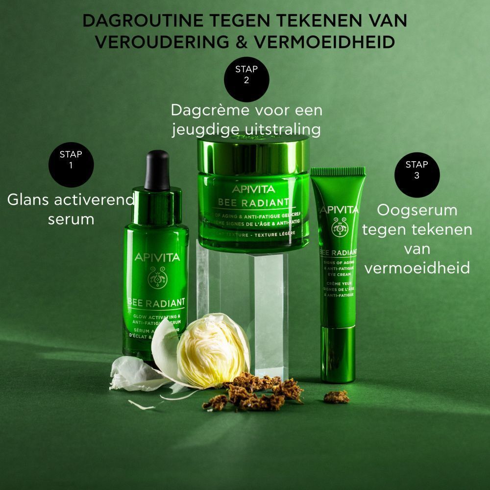 Apivita Bee Radiant dagroutine: glans activerend serum, dagcrème, oogserum.
