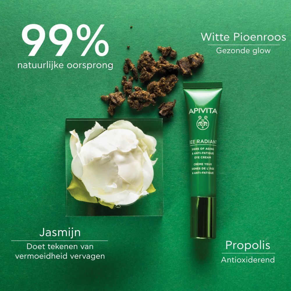 Apivita Bee Radiant oogcrème met jasmijn, witte pioenroos en propolis.