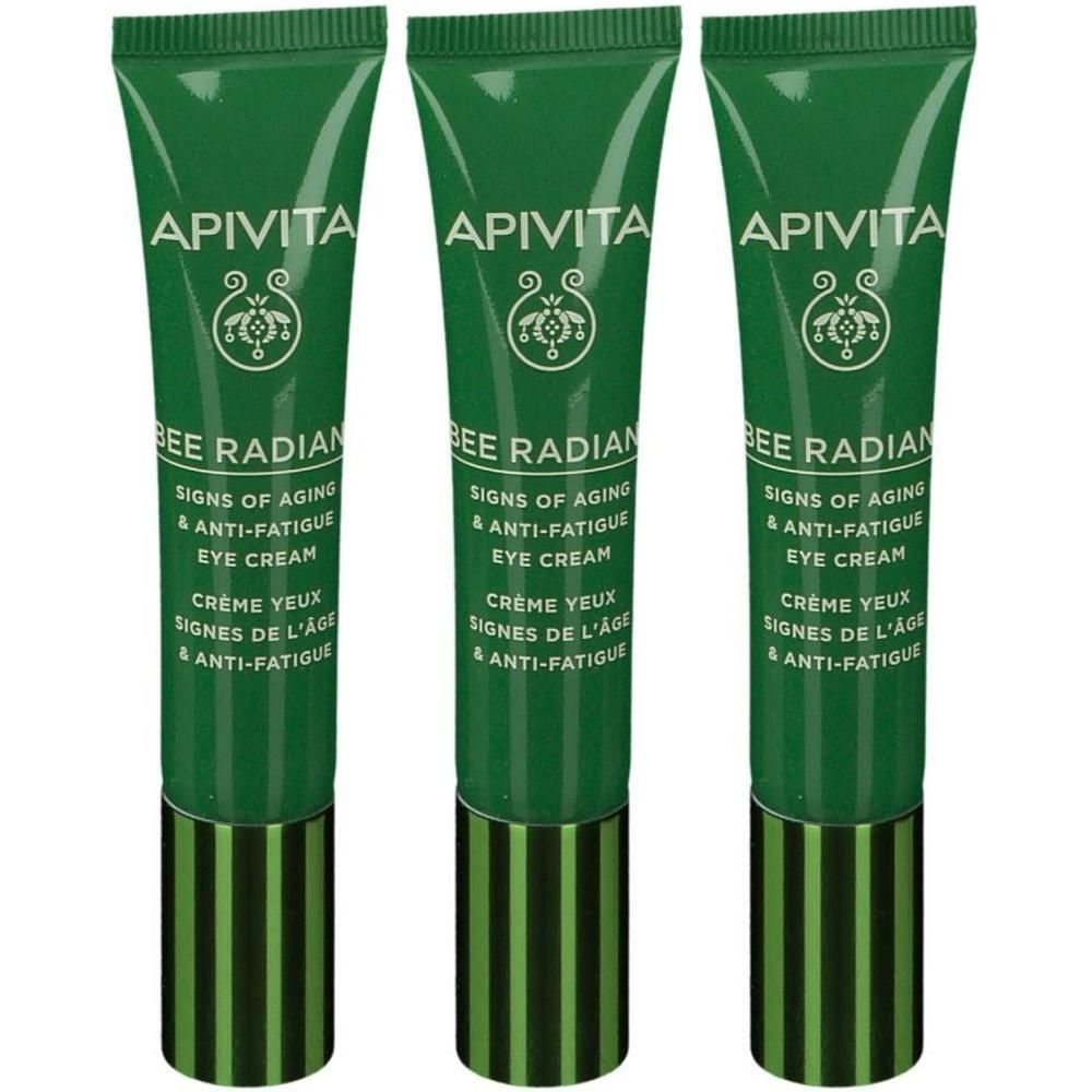 Drie groene tubes oogcrème met witte opdruk en groen-zwart dopje.