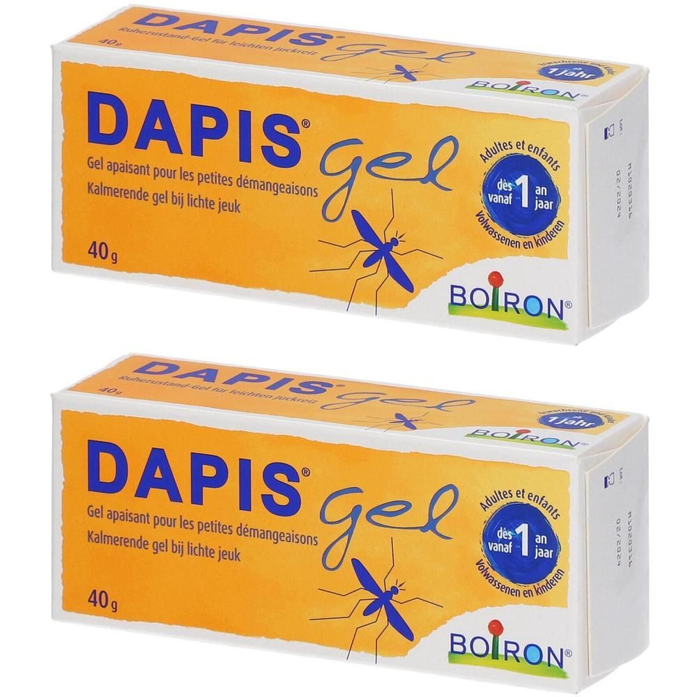 Deux boîtes de Dapis Gel, 40g. Emballages orange avec illustrations de moustiques bleus et logo Boiron.