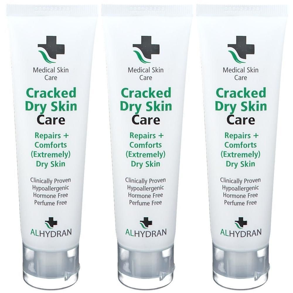 Drie tubes Alhydran Cracked Dry Skin Care. Herstelt en verzacht extreem droge huid.