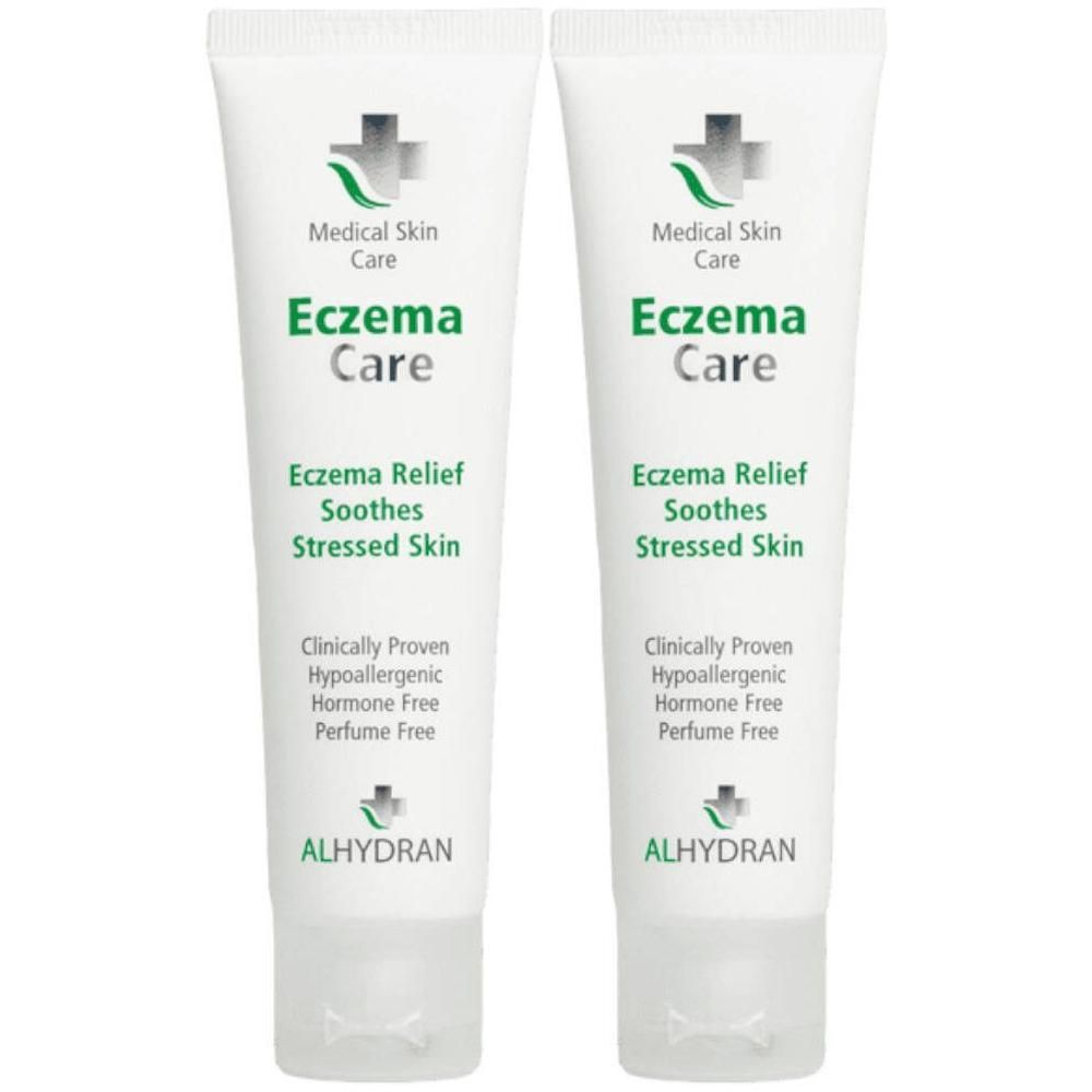 Deux tubes de crème Alhydran Eczema Care. Prouvé cliniquement, hypoallergénique, sans hormone, sans parfum.