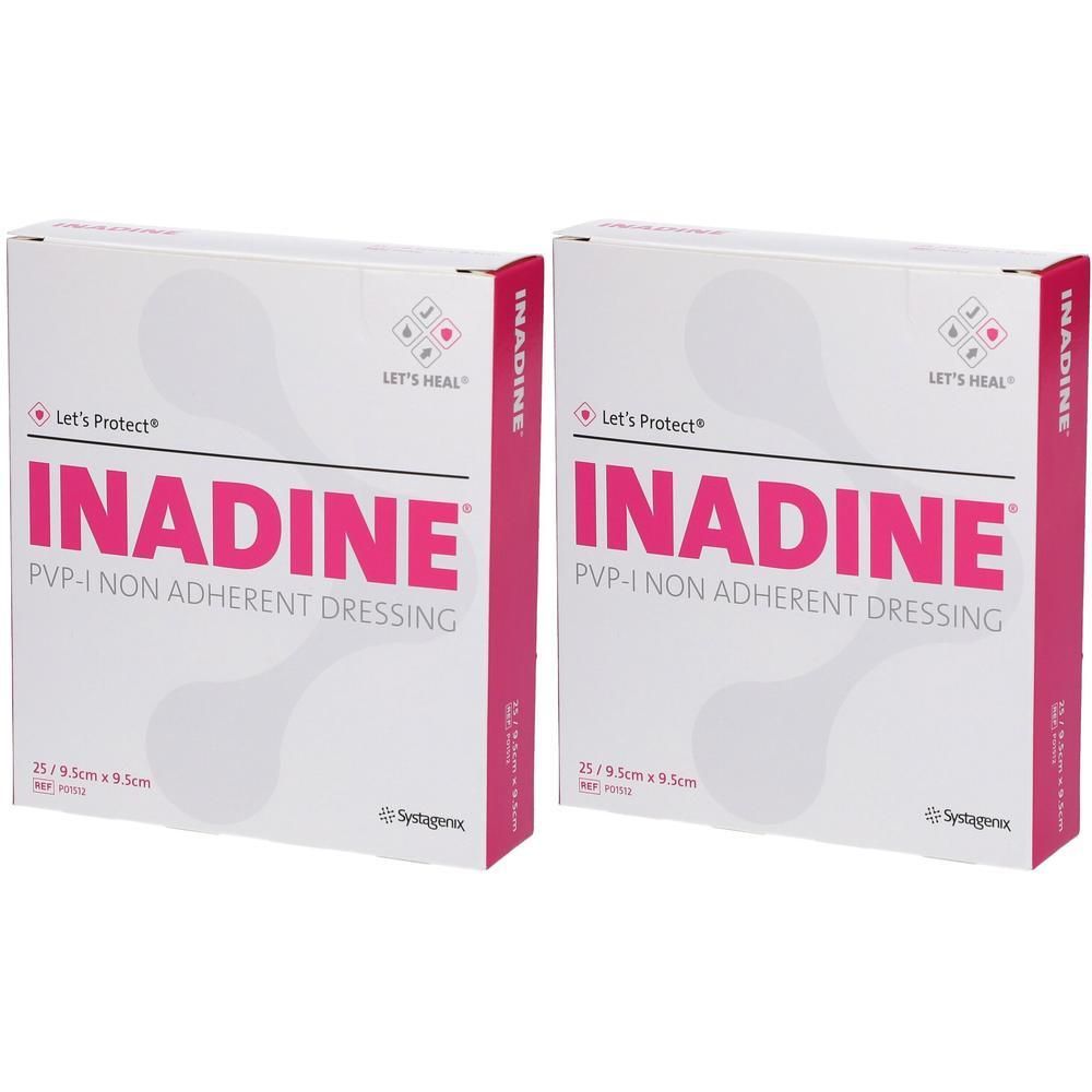 Twee pakken Inadine PVP-I non-adherent dressing, 9,5x9,5cm.