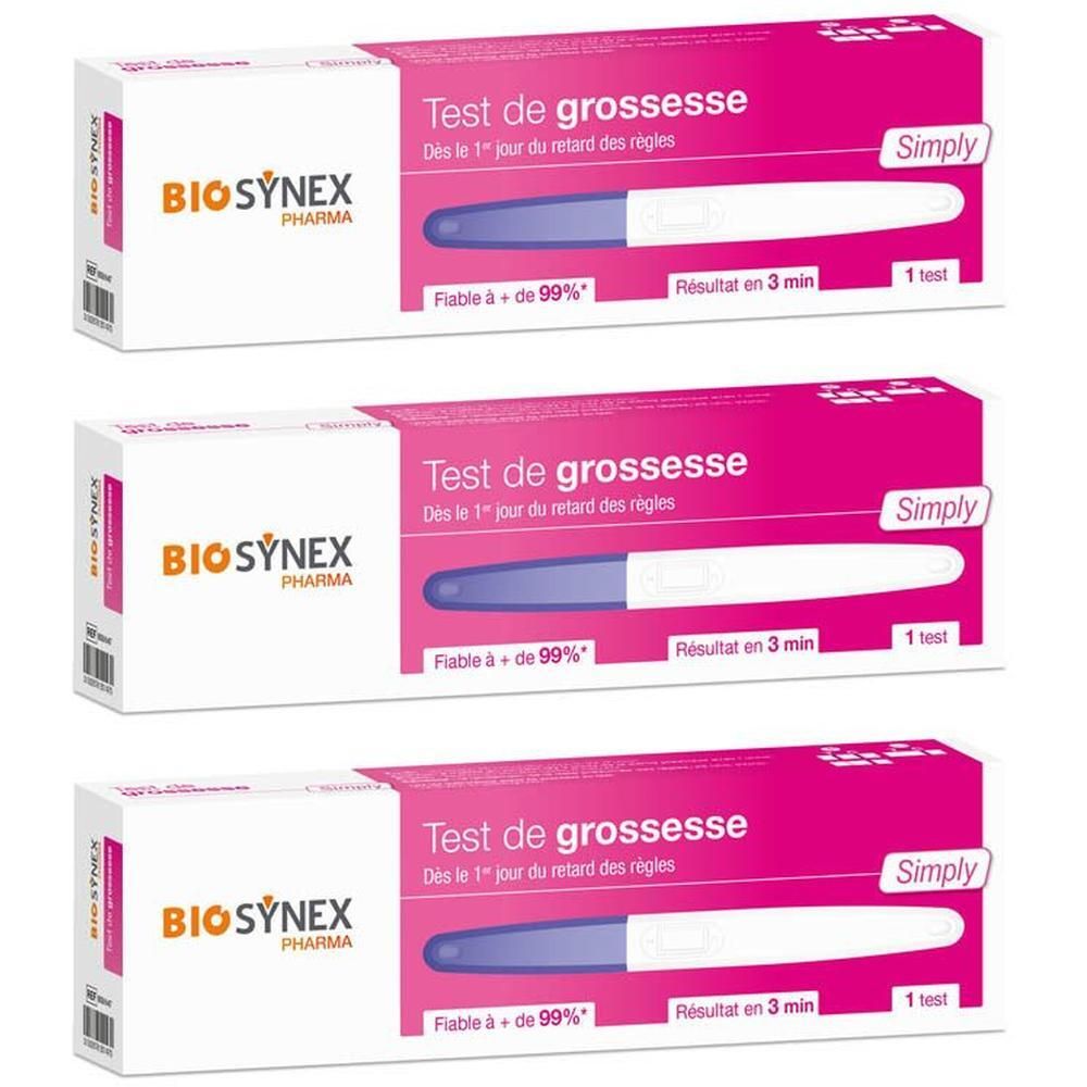 Trois boîtes de BIOSYNEX Simply Test de grossesse. Chaque boîte contient un test.