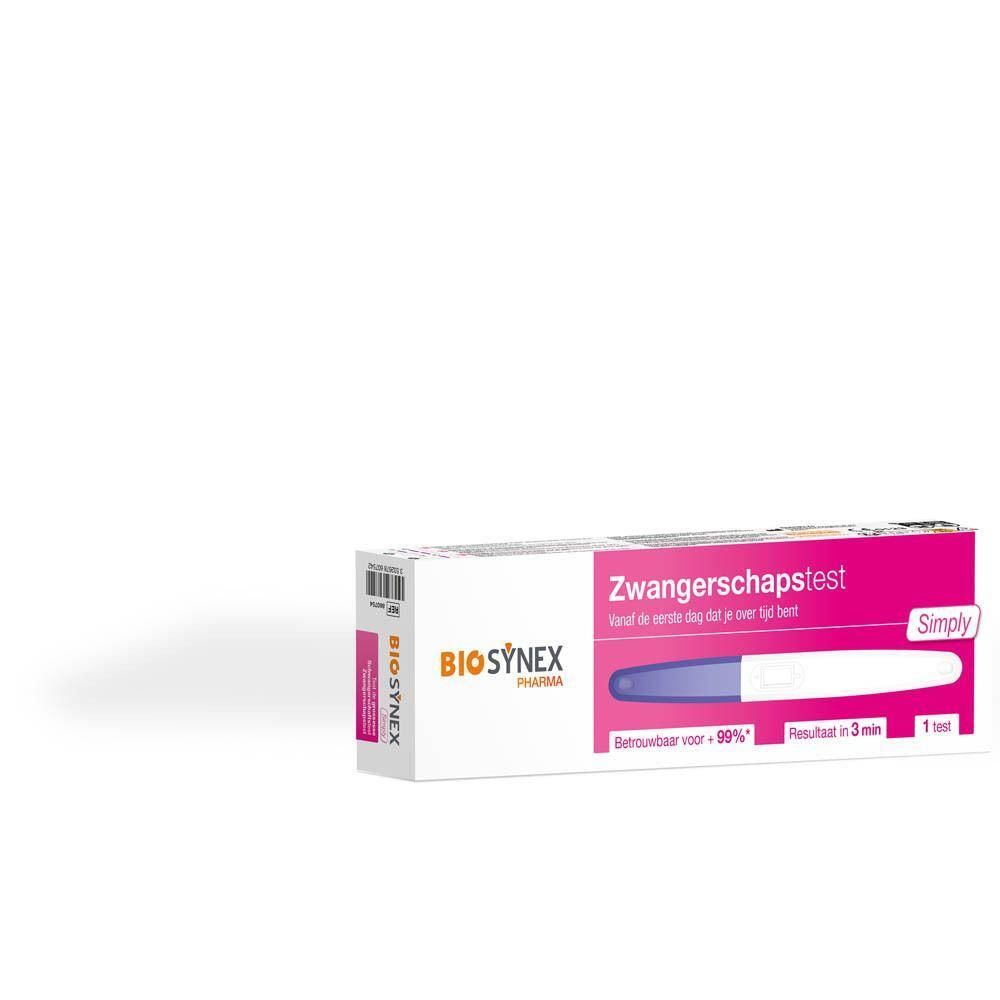 Doosje zwangerschapstest van BIOSYNEX, met opschrift 'Zwangerschapstest'.
