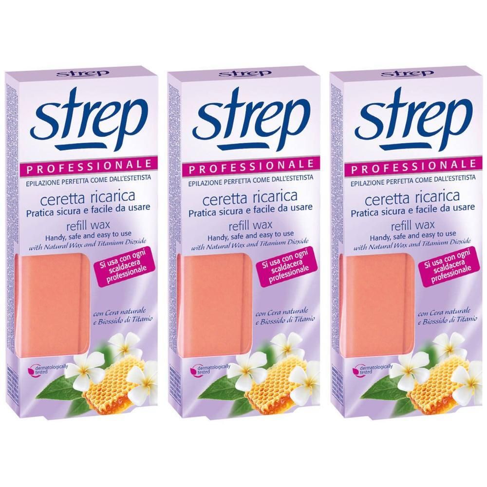 Drie pakken Strep navulwax, professionele ontharing. Zichtbaar roze waxblok.