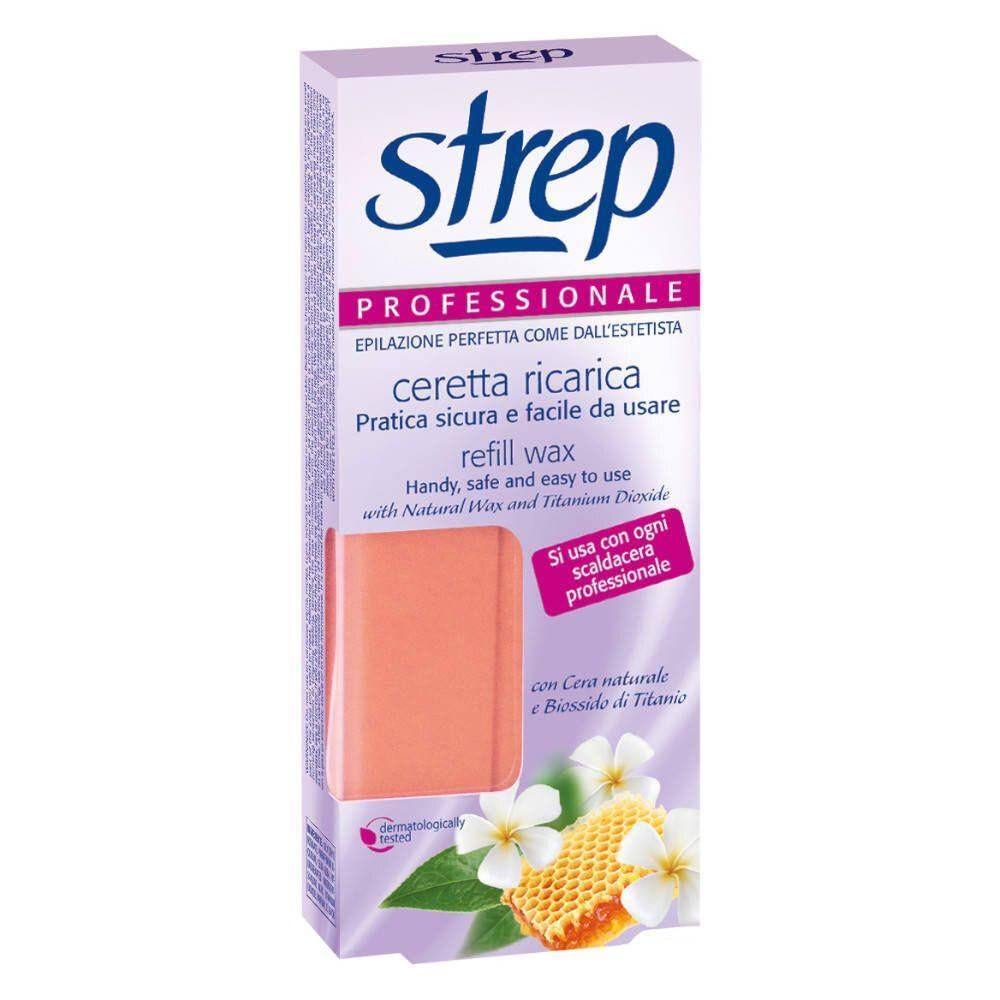 Strep Professional recharge cire dans un emballage avec un bloc de cire orange et des fleurs.