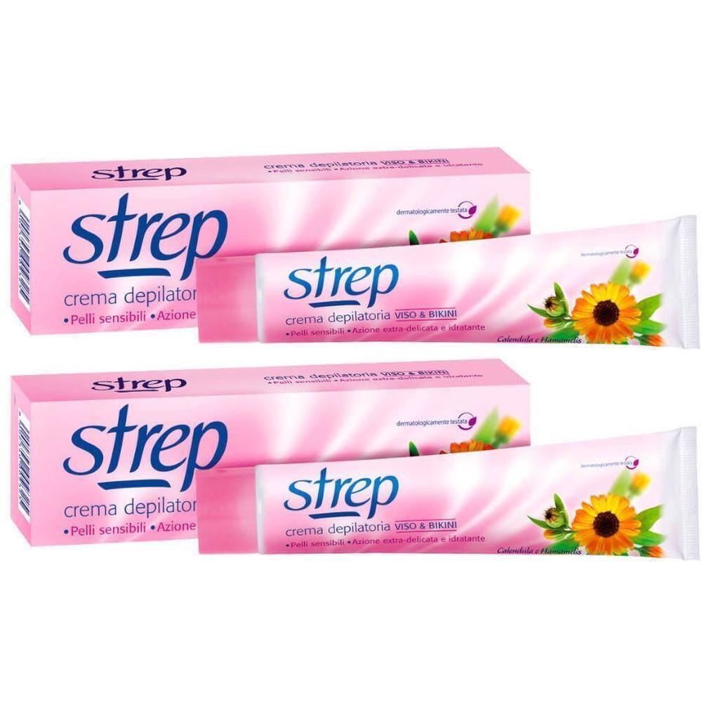 Deux paquets de crème dépilatoire Strep pour le visage et le bikini. Emballage rose avec motif tournesol.