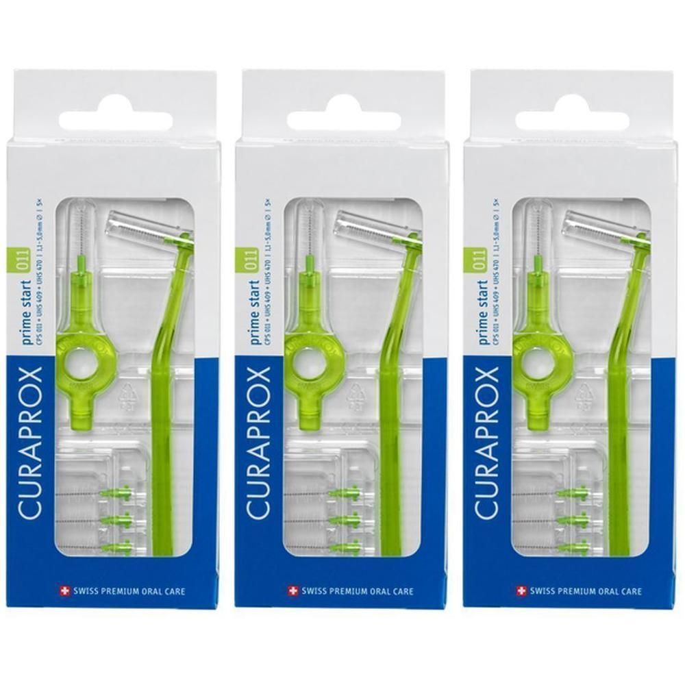 Trois paquets de brosses interdentaires Curaprox Prime Start 011 vert clair. Chaque paquet contient une brosse et trois brosses de rechange.